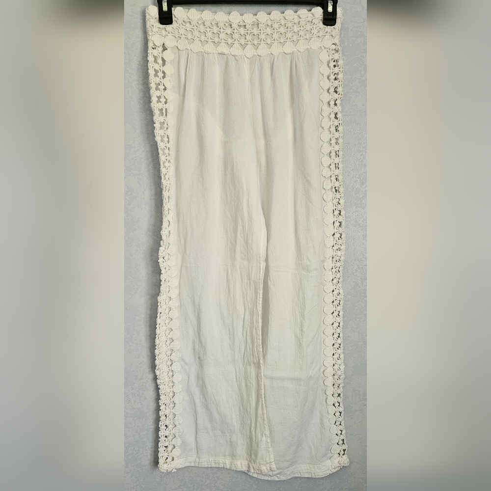 White Crochet Trim Wide Leg Pants